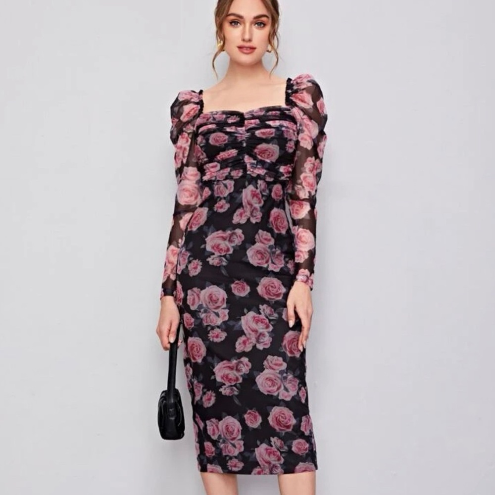 EMERY ROSE Ruched Detail Gigot Sleeve Floral Mesh Dress